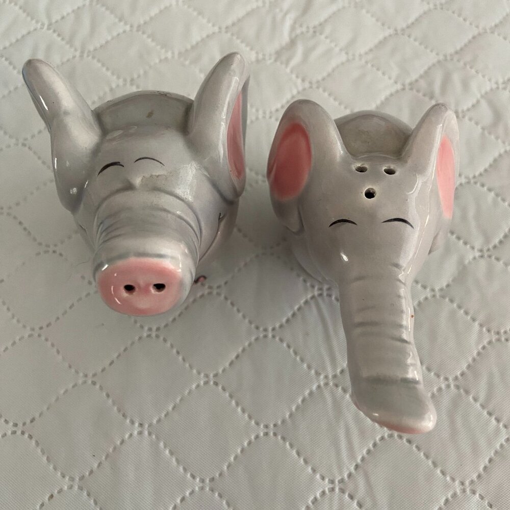 Cute Grey and Pink Elephant Salt and Pepper Shaker Set